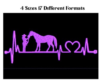 Cowgirl Horse Heart Beat EMBROIDERY Design, Cowgirl Western File, Horse Embroidery Designs, 4 Sizes, Cowboy Western Riding, Cowboys, Horses