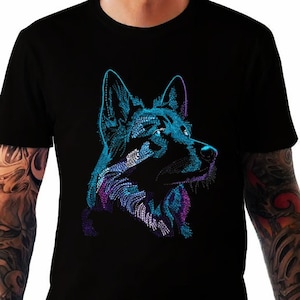 Schäferhund Stickdatei, Elsässer Hundekopf Design, Stickmuster, buntes Hunde-T-Shirt Design.
