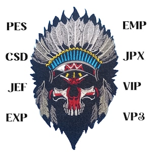 Indian Chief Skull Head Embroidery Design, Instant download, Embroidery Files, pes, csd, jef, exp, emp, jpx, vip, vp3 Gothic Skulls
