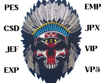 Indianer Häuptling Schädel Kopf Stickmuster, Sofort download, Stickdateien, pes, csd, jef, exp, emp, jpx, vip, vp3 Gothic Skulls