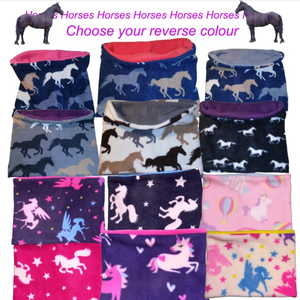 Snood en polaire à imprimé cheval, cache-cou licorne, cagoule, guêtre, 3 tailles, petit enfant, enfant, adulte, réversible sur commande, prix unique