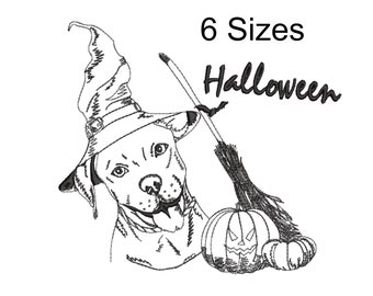 Dog Halloween  Embroidery Design File, Pumpkin, Witches Broom, Instant Download, Machine Embroidery,  Cute Dog In Witches Hat, Sketch Design