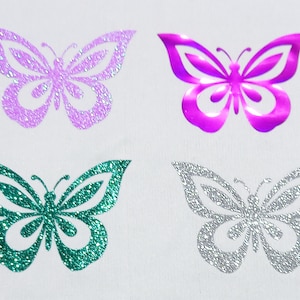 Farfalla stirabile, farfalla glitterata, metallizzata, arcobaleno olografico, trasferimenti HTV, decalcomanie in vinile a forma di farfalla, 4 CONFEZIONI + 6 stelle, 20 colori