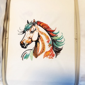 May include: Embroidered design of a colorful horse with a flowing mane and tail. The horse is brown, orange, green, and blue.