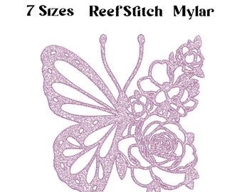 Schmetterling Rose Stickerei Design, Riff Stich, Mylar, Blumen Stickdatei, Sparkle Metallic Effect, Stickmuster, T Shirt Stickerei