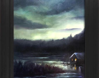 May include: A painting of a small cabin with a lit window on a lake at dusk. The sky is a dark blue with streaks of green and yellow. The water is a dark blue and the trees are silhouetted against the sky.