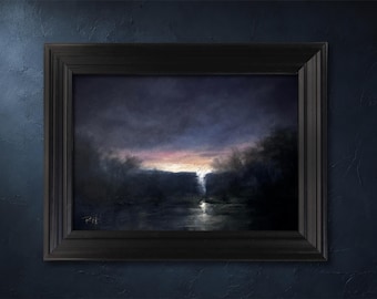 Dipinto ad olio originale incorniciato, paesaggio delle Smoky Mountains 5x7, opera d'arte tonalista suggestiva, dipinto crepuscolare d'atmosfera, pronto per essere appeso.