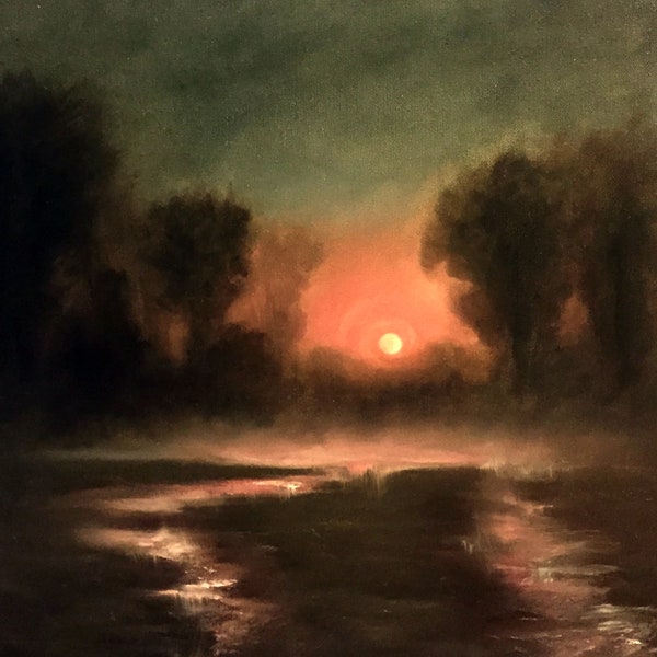 Tonalism Painting, Large Landscape/Sunset/Tonalist Art, Dark/Moody Oil Painting, Surrealist/Dreamscape Original 18x24 Canvas Wall Art