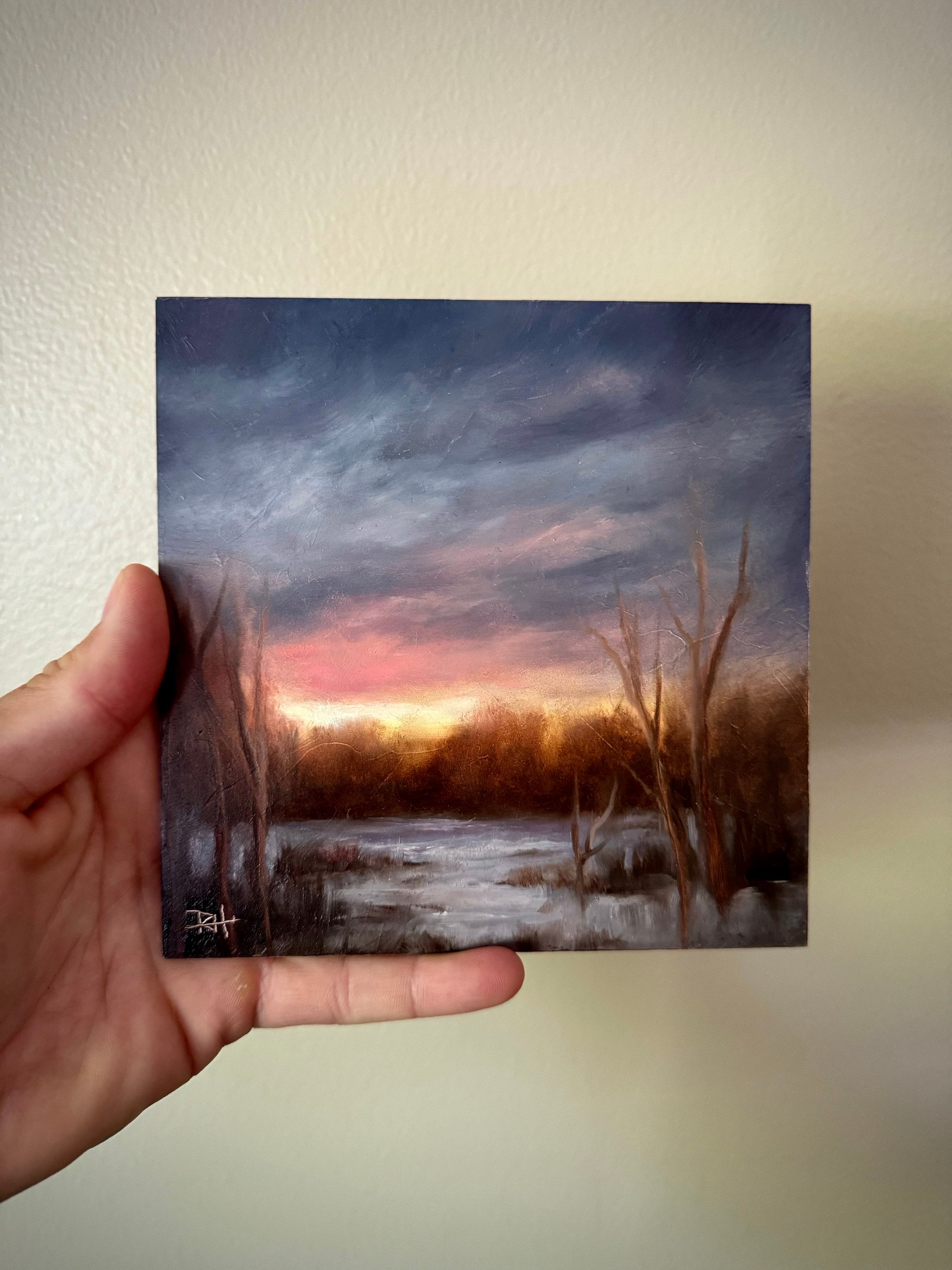 オリジナルミニ抽象油絵、6x6 トーナル冬景色、ムーディーアーストーン