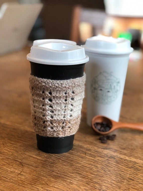Hand Knit Wool Coffee Cup Sleeve, or Cup Cozy, in Variegated White and Brown