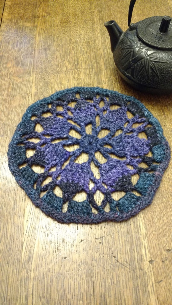 Hand Crocheted Teapot Trivet or Rustic Doily in Indigo, Purple, and Blue