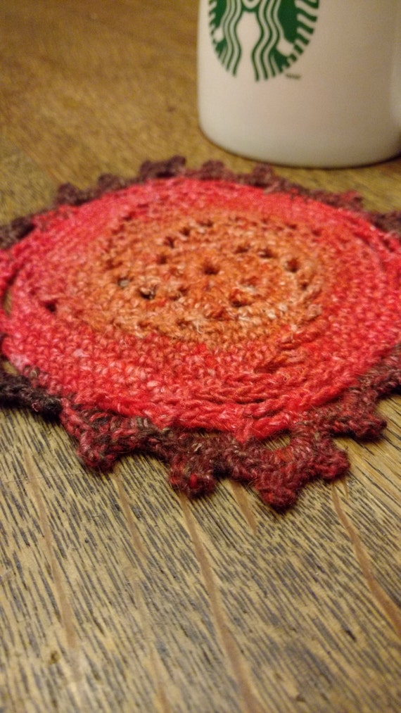 Hand Crocheted Teapot Trivet, Mug Rug, or Doily in Gradient Brown, Copper, and Orange