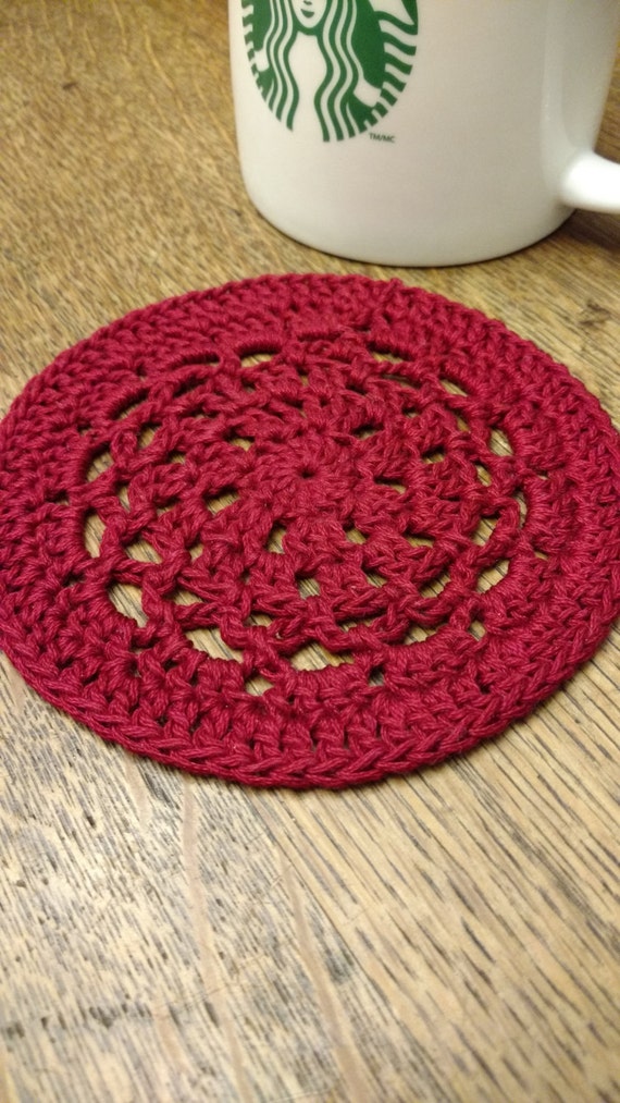Hand Crocheted Drink Coaster, Mug Rug, or Doily in Red Cotton