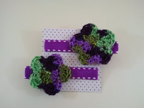 Set of Crochet Flower Hair Clips in Dark Purple, Light Purple, and Green