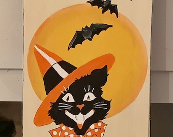 Cute vintage Ooak Halloween cat painting on wood!