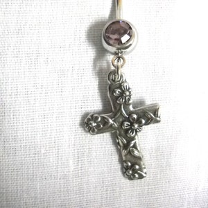Garden Trellis Floral FLOWER CROSS w Vines Charm On Dazzling Lilac Lavender Purple Gem CZ 14g Belly Ring Navel Barbell
