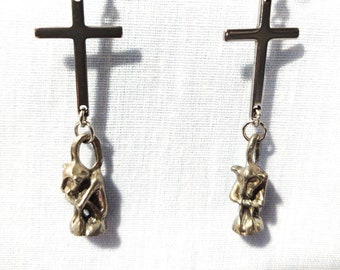 Medieval GARGOYLE and Cross Unisex Gothic Guardian 3D Pewter Charm Pair of Earrings Steel Ear Wires