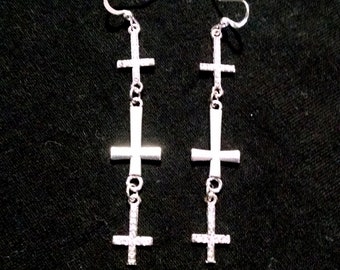 Evil 3 Inverted Cross Charms with Clear Crystals and Large Center Dangling Occult Evil Elegance Earrings