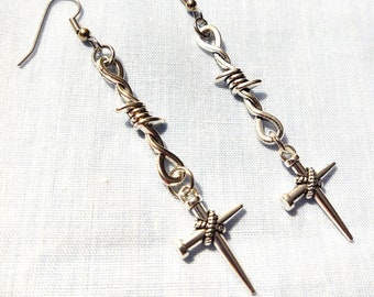 Barbed Wire Loop and Nail Cross Double Dangling Silver Color Barb Twist Dangling to 2 3/4 inch long Earrings