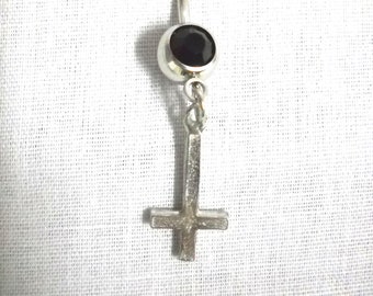 Satanic Occult INVERTED CROSS Dangling Cast Silver Pewter Charm On Dazzling Black Gem CZ 14g Belly Ring Navel Barbell Body Jewelry