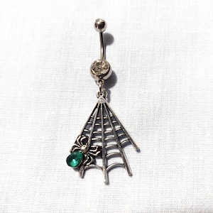 SPIDER In SPIDER WEB with Green Crystal Teadrop Realistic Arachnid Charm On Clear cz Gem 14g Belly Ring Navel Barbell Body Jewelry