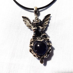 Gothic GARGOYLE Cobalt BLUE Glass Orb with Spiny Wings & Awesome Detail Cast Pewter Pendant on Adjustable Cord Necklace