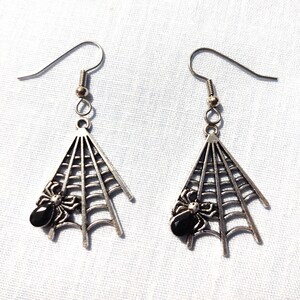 SPIDER In SPIDER WEB with Black Crystal Teadrop Body Realistic Arachnids Silver Alloy Pair of Earrings