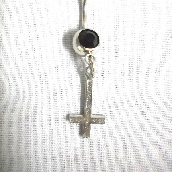 Satanic Occult INVERTED CROSS Dangling Cast Silver Pewter Charm On Dazzling Black Gem CZ 14g Belly Ring Navel Barbell Body Jewelry