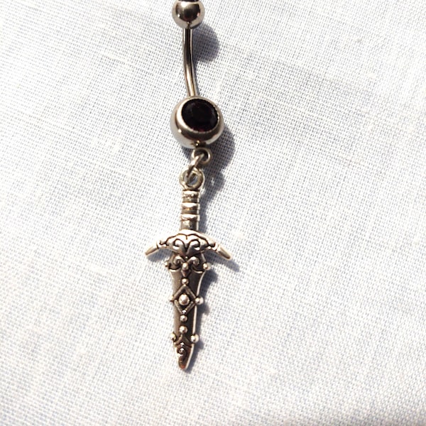 Gothic Dagger MADIEVAL Decorated Ritual Dangling Silver Alloy Charm On Dark Purple CZ Gem 14g Belly Ring Barbell