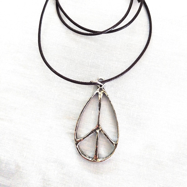 Peace Sign Teardrop Hippie Vintage Style 60's 70's Style Rain Drop Shaped Cast Silver Pewter Pendant Adj Cord Necklace Jewelry