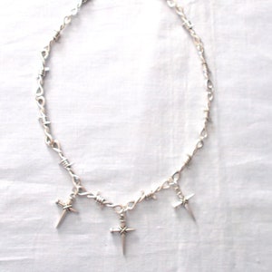 3 Jesus Nail Rope Wrap Cross Charms on BARBED WIRE / Barb Wire / Barbwire Barb Twist Chain Link Choker Necklace 17&quot; - 2&quot; Extender Chain