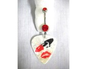 SALE Marilyn Monroe LIPSTICK Case w Red Lips Kiss Printed Pearl White Guitar Pick on Dazzling 14g Red CZ Stone Belly Ring Navel Barbell