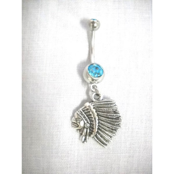 Native Inspired Tribal INDIAN CHIEF Profile View with Headdress Feathers On Dazzling Double Turquoise Blue CZ 14g Belly Ring Navel Barbell