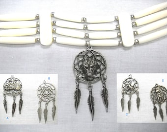Tribal 4 Tier Ivory White Buffalo BONE Choker Necklace with Raised Head WOLF Dream Catcher Hand Cast Pewter Pendant or Your CHOICE Pendant