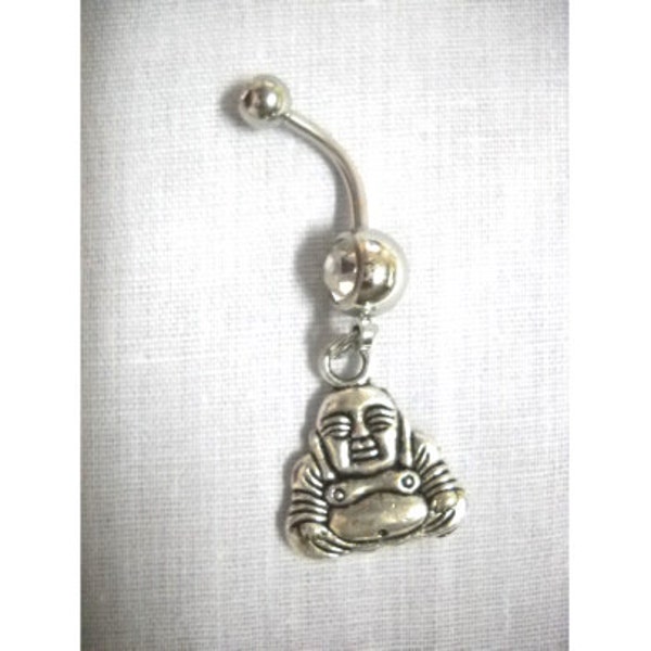 Double Sided Spiritual ZEN BUDDHA Meditation Cast Alloy Charm On Dazzling Double Clear CZ Gem 14g Belly Ring Navel Bar Relax Chant Mantra