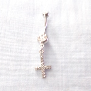 Crystal Satanic Occult INVERTED CROSS Dangling Charm On Clear Gem CZ 14g Belly Ring Barbell Body Jewelry