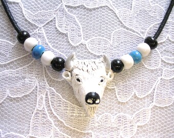 Ceramic WHITE BUFFALO HEAD Hand Painted Pendant with Blue White & Black High Fire Ceramic Beads Adjustable Cord Necklace