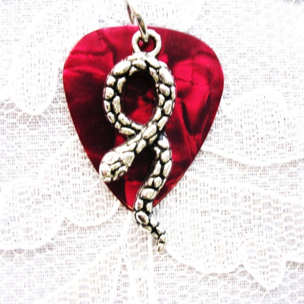 Open Figure 8 SNAKE Serpent Deep RED Guitar Pick with Silver Alloy Charm Double Pendant on Adjustable Cord Necklace