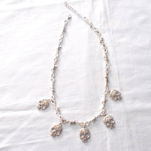 5 Sugar Skull Charms on BARBED WIRE / Barb Wire / Barbwire Barb Twist Chain Link Choker Necklace 17&quot; - 2&quot; Extender Chain