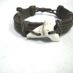 BROWN Leather with Shark Tooth Resin Pendant and Brown Cotton Adjustable Slide Cord Island Beach Surf Nautical Bracelet