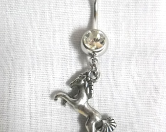 Horse Pony Belly Ring: Pewter Stallion Charm, 14g CZ Navel Jewelry