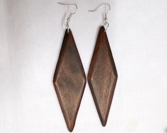Bohemian Bold Large Size DARK BROWN Hand Stained Wooden Diamond Shape Dangling Real Wood Flat Long Length Fashion Earrings