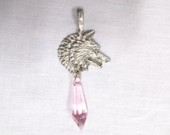 Hand Engraved Cast Pewter She Wolf Animal Spirit WOLF HEAD Profile with PINK Glass Dangling Pendant Ornament Adjustable Cord Necklace