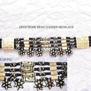 New Carved Brown FLOWER and Ivory White Color Decorated Hair Pipe and Square Deco with Tube Beads Tie On CHOKER Necklace