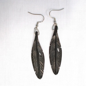 Large BLACK Hand Carved Feather American Bison Bone Pair of Earrings - 2 1/2&quot; Overall Dangle