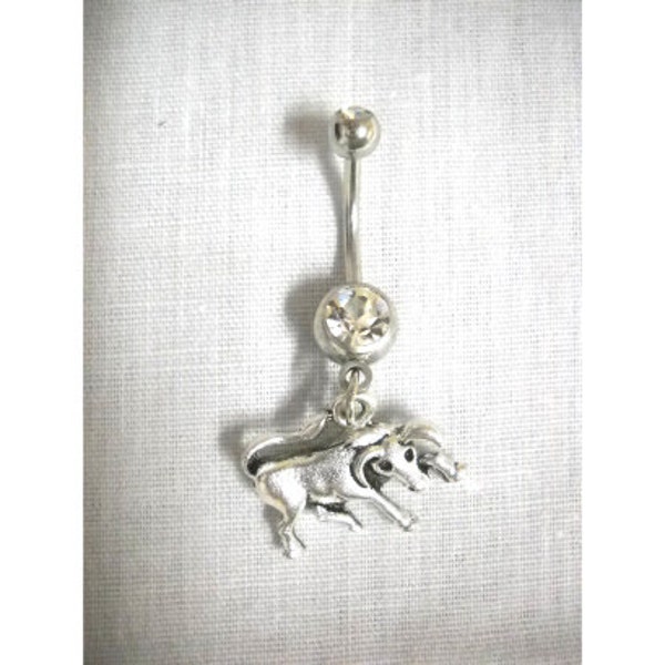 Running Of The Bulls - BULL Rodeo or Farm Animal Taurus Zodiac Alloy Charm On Dazzling Double Clear CZ Gem 14g Belly Ring El Toro Navel Bar