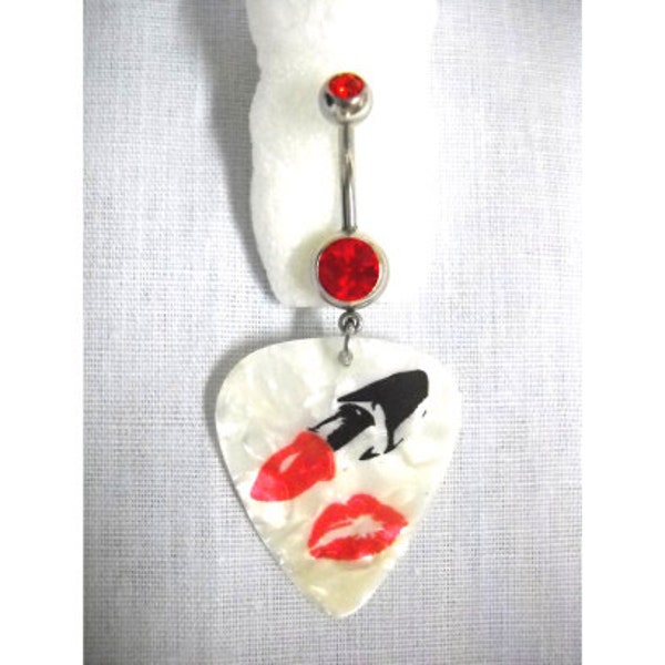 SALE Marilyn Monroe LIPSTICK Case w/ Red Lips Kiss Printed Pearl White Guitar Pick on Dazzling 14g Red CZ Stone Belly Ring Navel Barbell