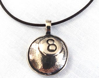 Eight Ball Pool 8 BALL Tournament Pewter Pendant on Adjustable Cord Necklace Billiard Games