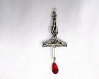 Inverted JESUS CROSS Satanic Occult with RED Crystal 2 Sided 3D Pewter Pendant on Adjustable Cord Necklace Ritual Evil Dark Mass