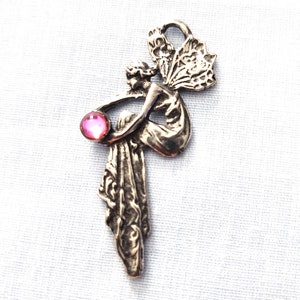 Fairy with Flowing Gown Holding Pink Crystal Pewter Pendant on Adjustable Cord Necklace Fantasy Fae Pixie Metal Jewelry